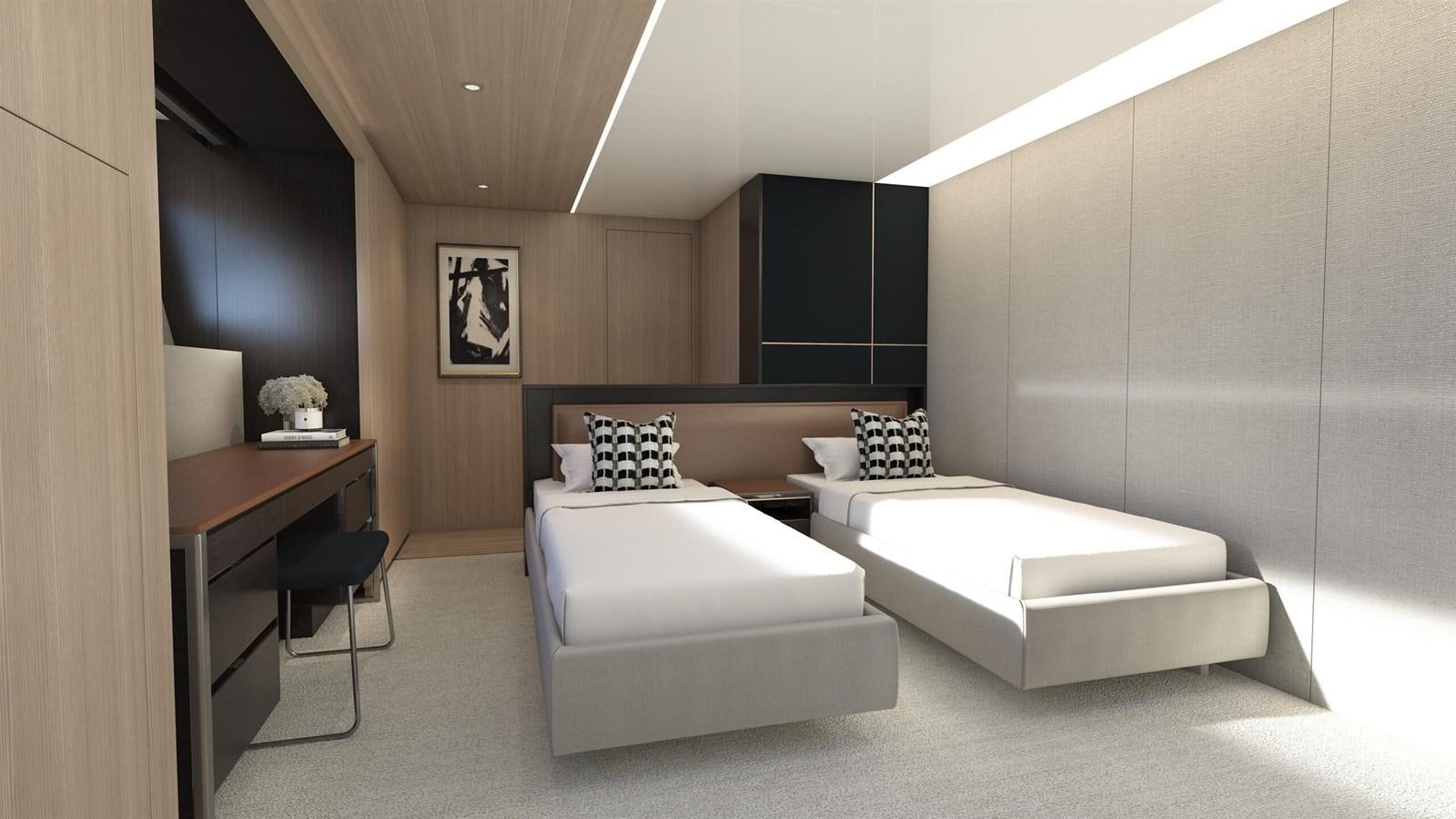 a room with a bed and a desk aboard OCEAN 460 Yacht for Sale