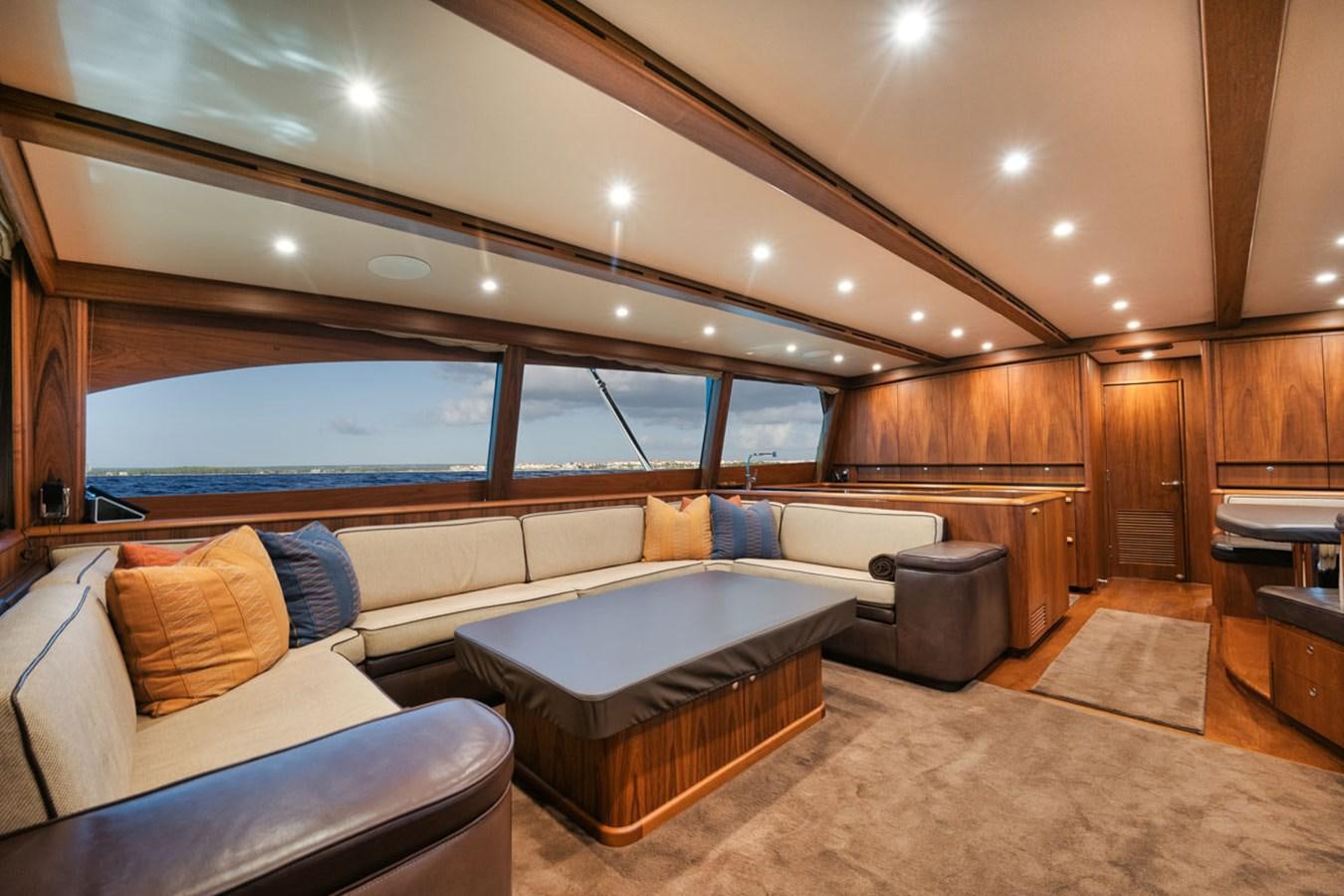 a modern looking living room aboard OWL'S NEST Yacht for Sale