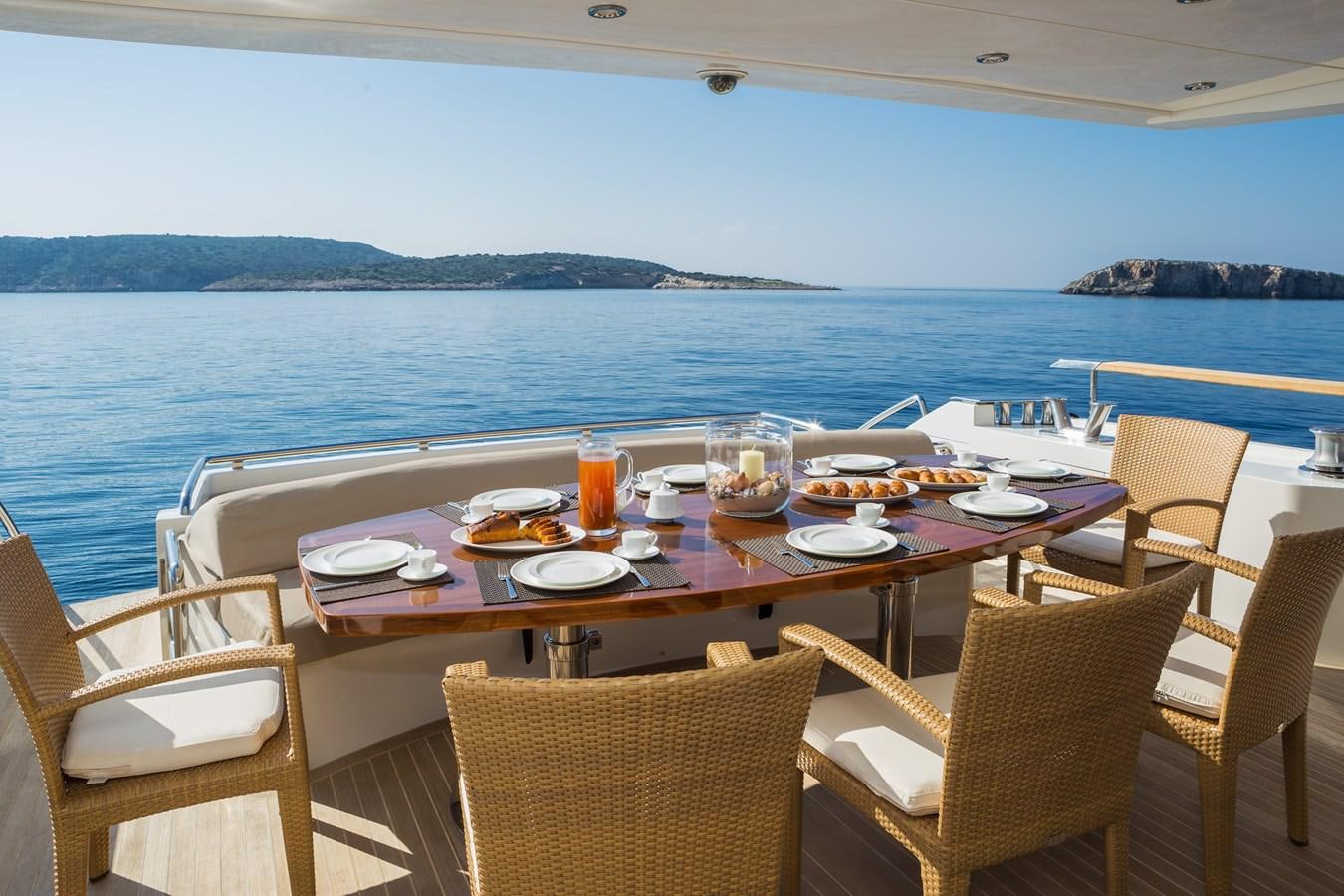 a table set for a meal on a boat aboard WATER TOY III Yacht for Sale