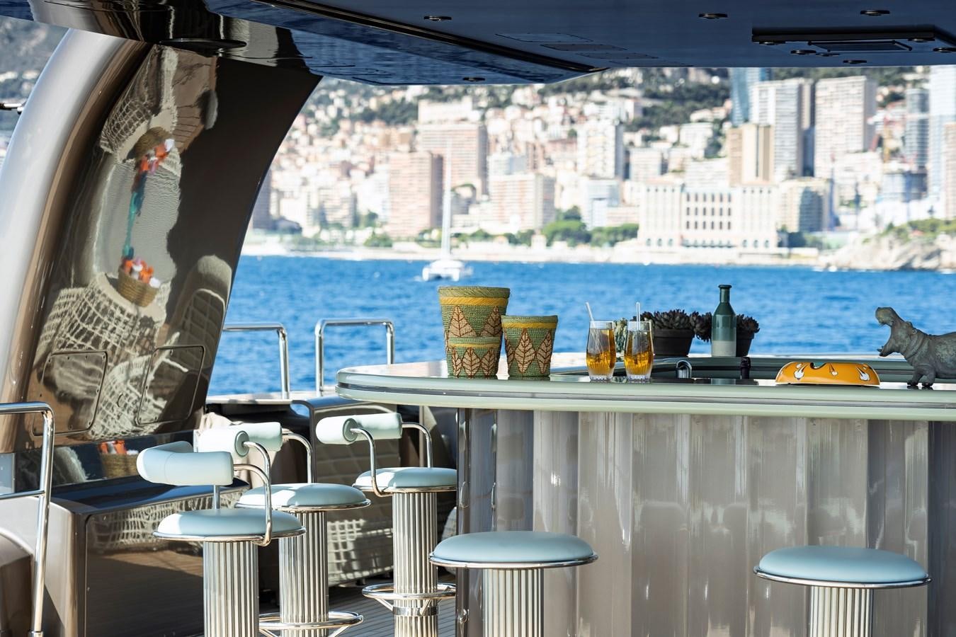 a table with glasses on it aboard MRS L Yacht for Sale