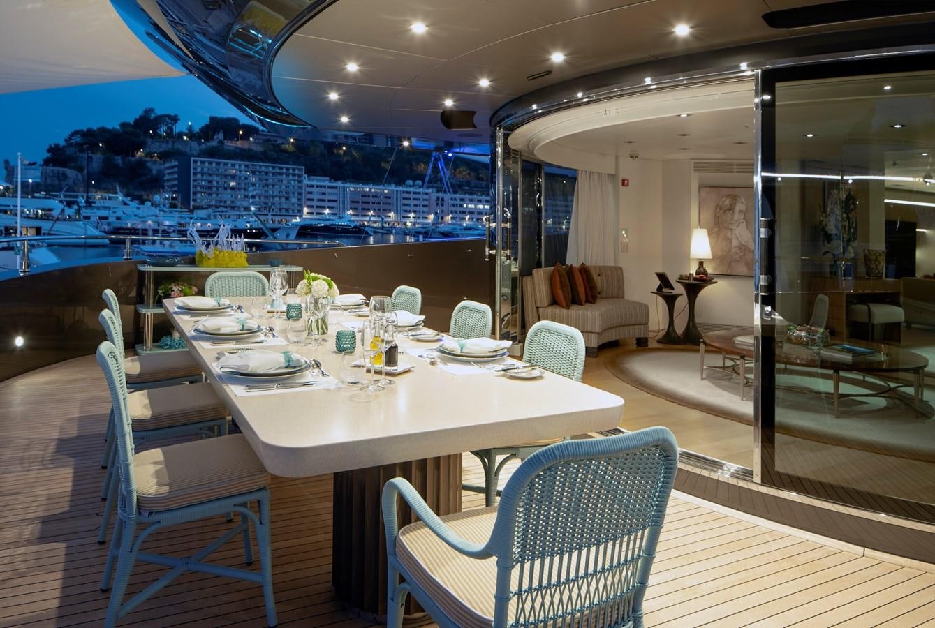 a dining room with a large table aboard MRS L Yacht for Sale