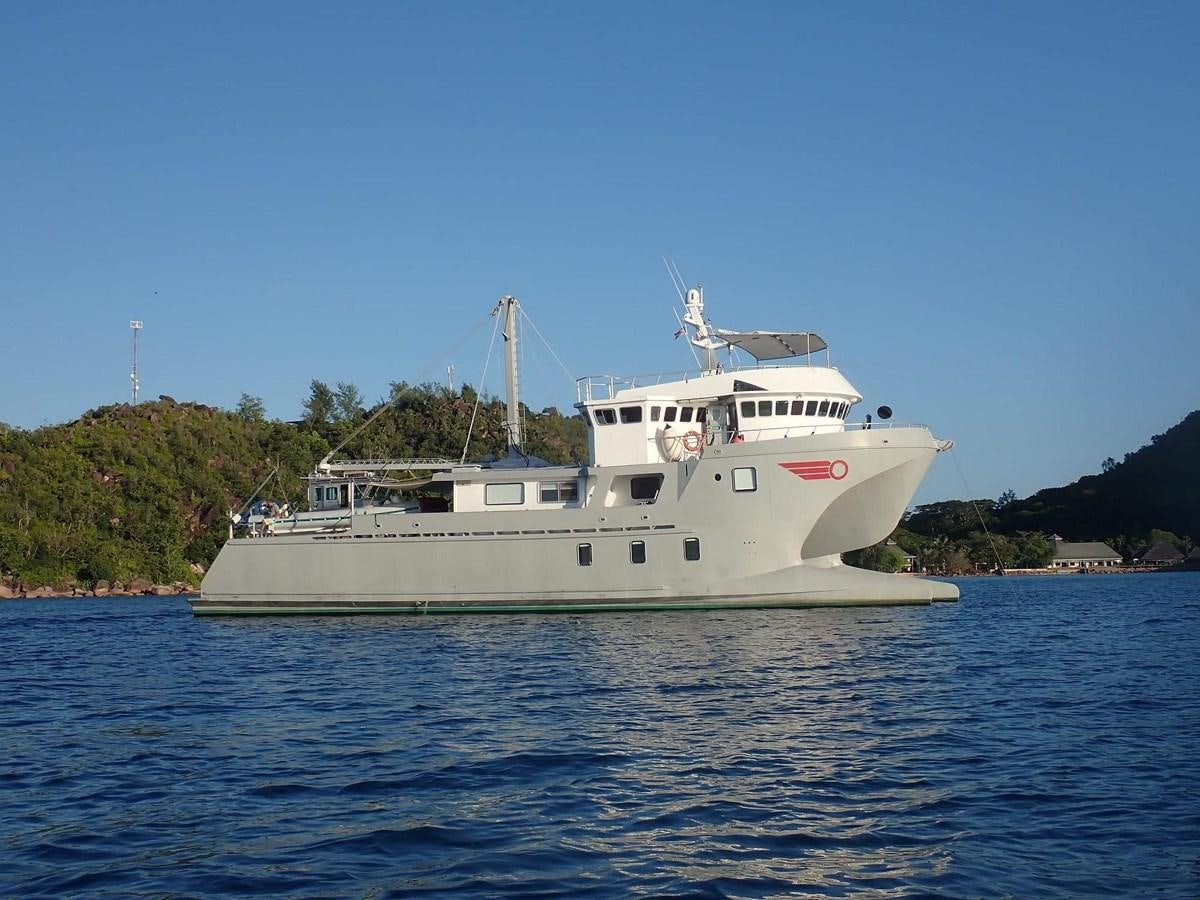 a white boat in the water aboard ROGUE Yacht for Sale