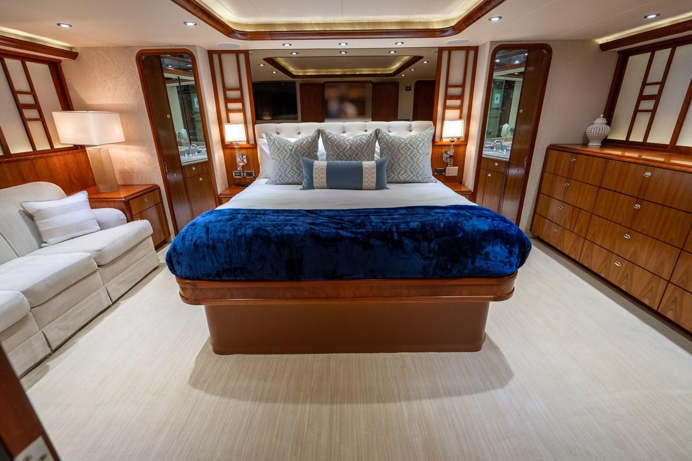 a large bedroom with a bed aboard NO NAME 112 Yacht for Sale