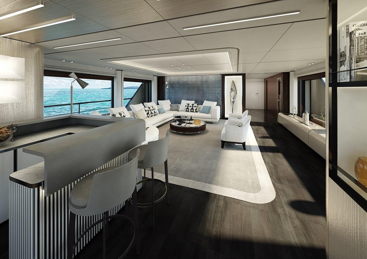 a room with a large window and a table with chairs aboard COLUMBUS CROSSOVER 42/01 Yacht for Sale