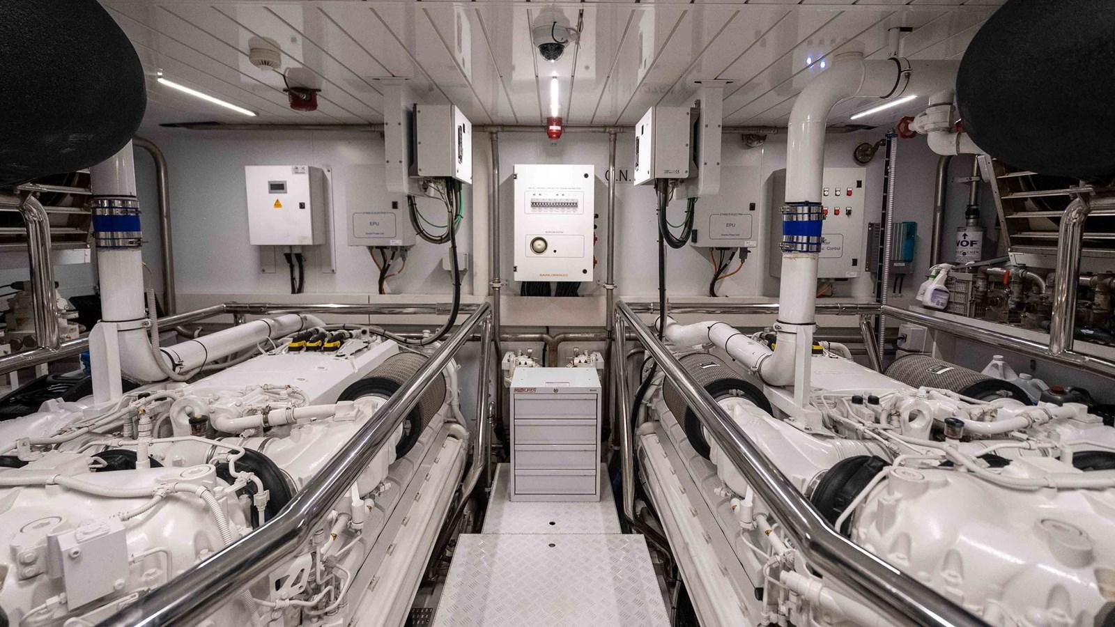 a room with many white pipes aboard 106 FLYBRIDGE Yacht for Sale