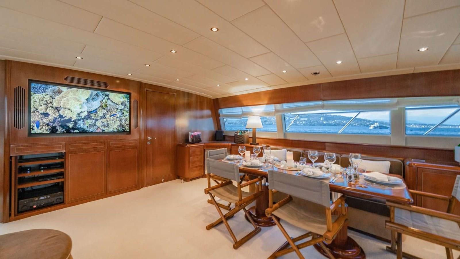 a room with a table and chairs aboard STORM Yacht for Sale