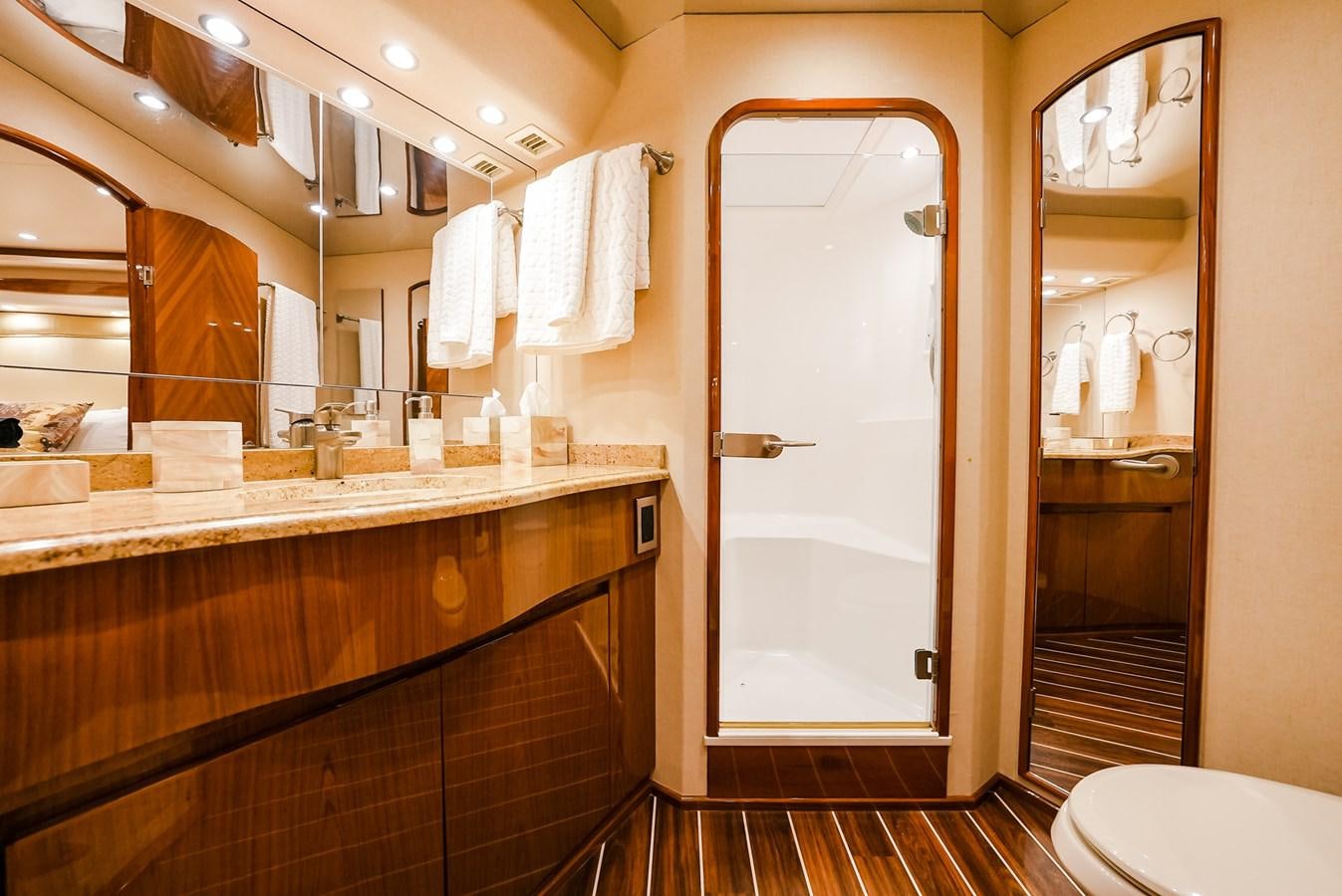 a bathroom with a large shower aboard PANACEA Yacht for Sale