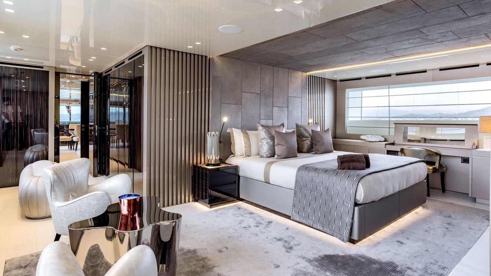 a large bedroom with a large bed aboard TOGETHER Yacht for Sale