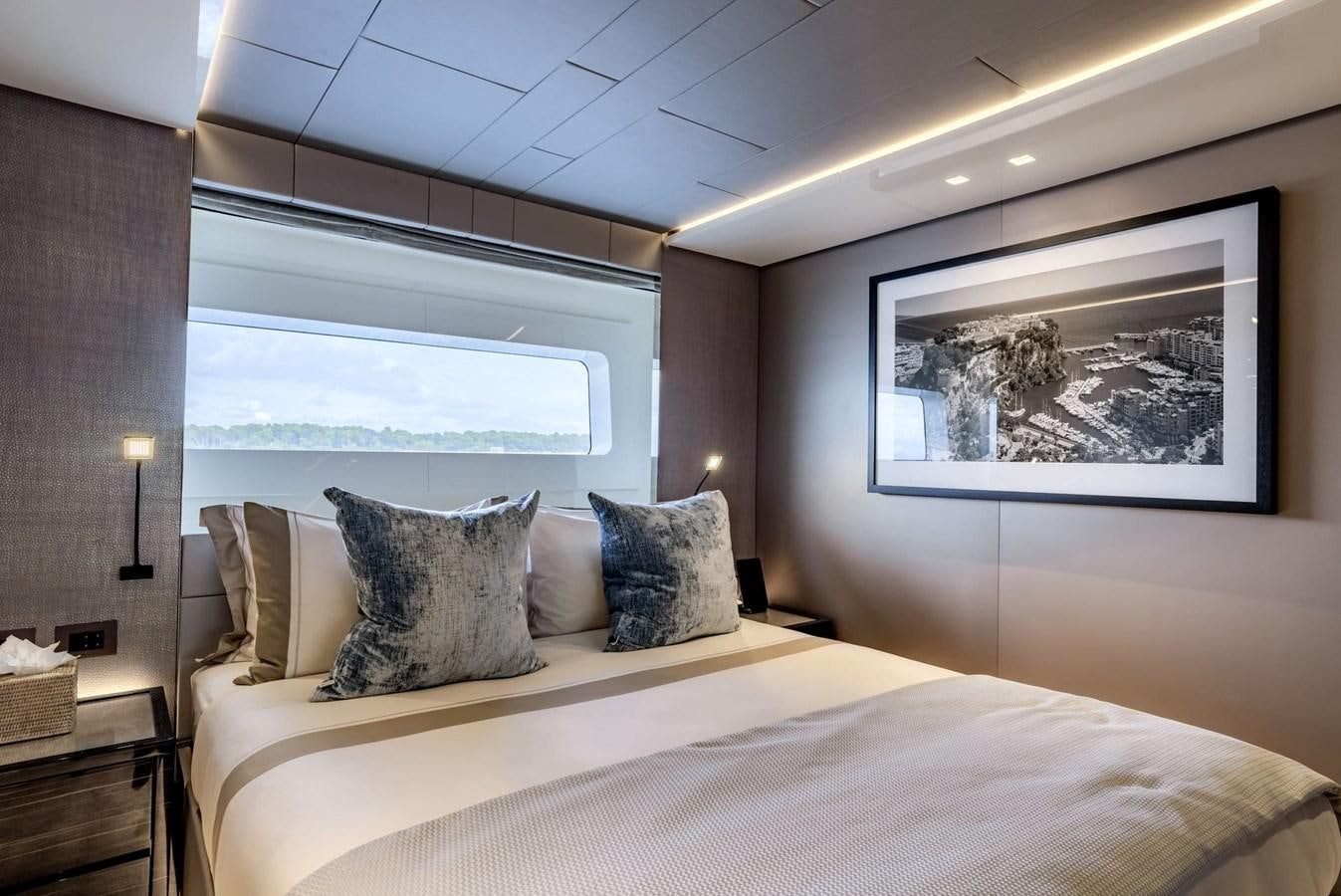 a bed with pillows aboard TOGETHER Yacht for Sale