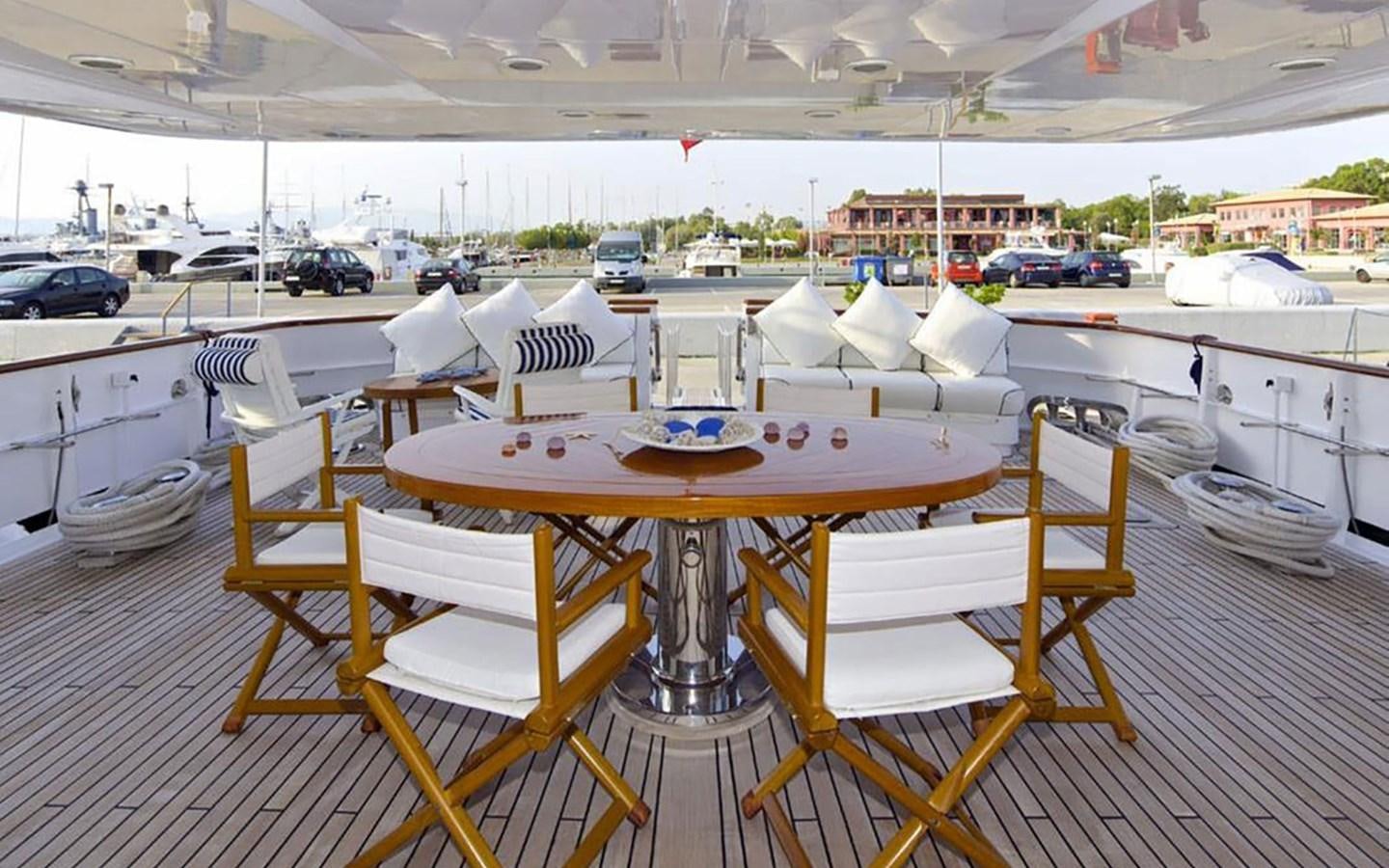 a table with chairs on it aboard AQUAJOY Yacht for Sale