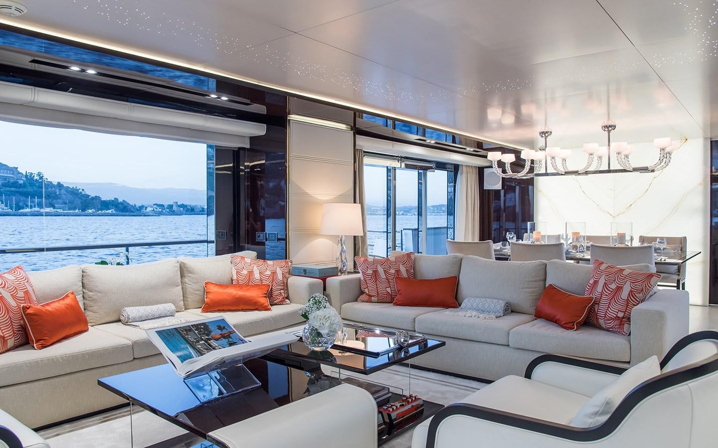 a living room with a large window aboard SOULMATE Yacht for Sale