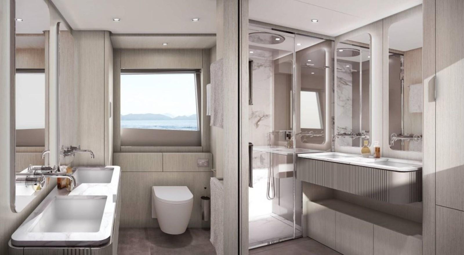 a bathroom with a large window aboard 5 PALMS Yacht for Sale