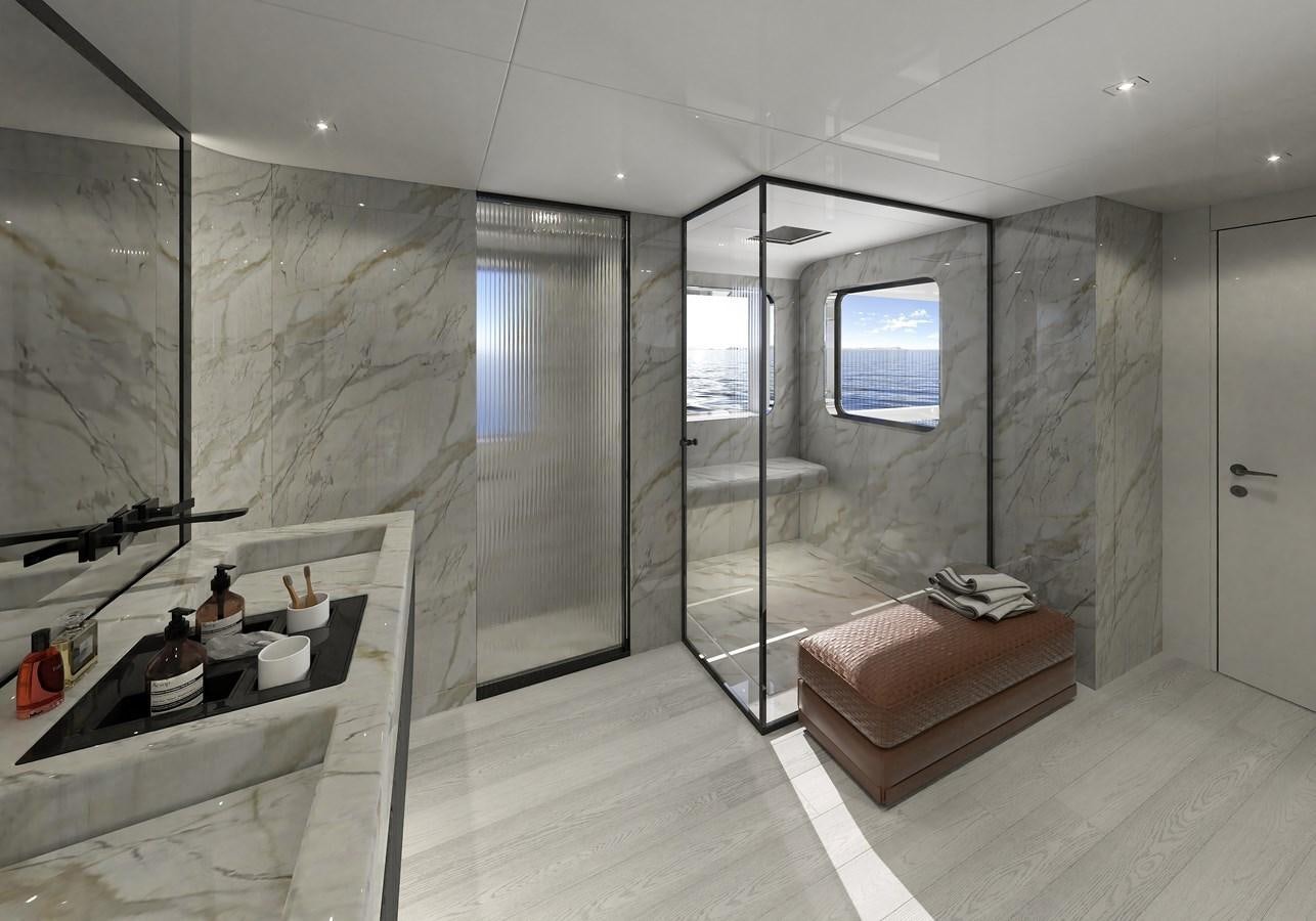 a bathroom with a large mirror aboard ADA 50 Z/01 Yacht for Sale