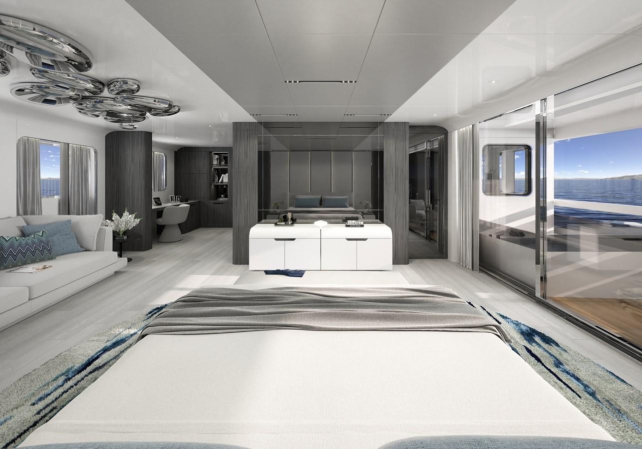 a room with a large bed and a large window aboard ADA 50 Z/01 Yacht for Sale
