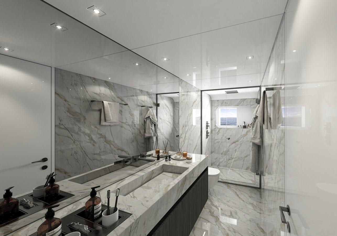 a bathroom with a large mirror aboard ADA 50 Z/01 Yacht for Sale