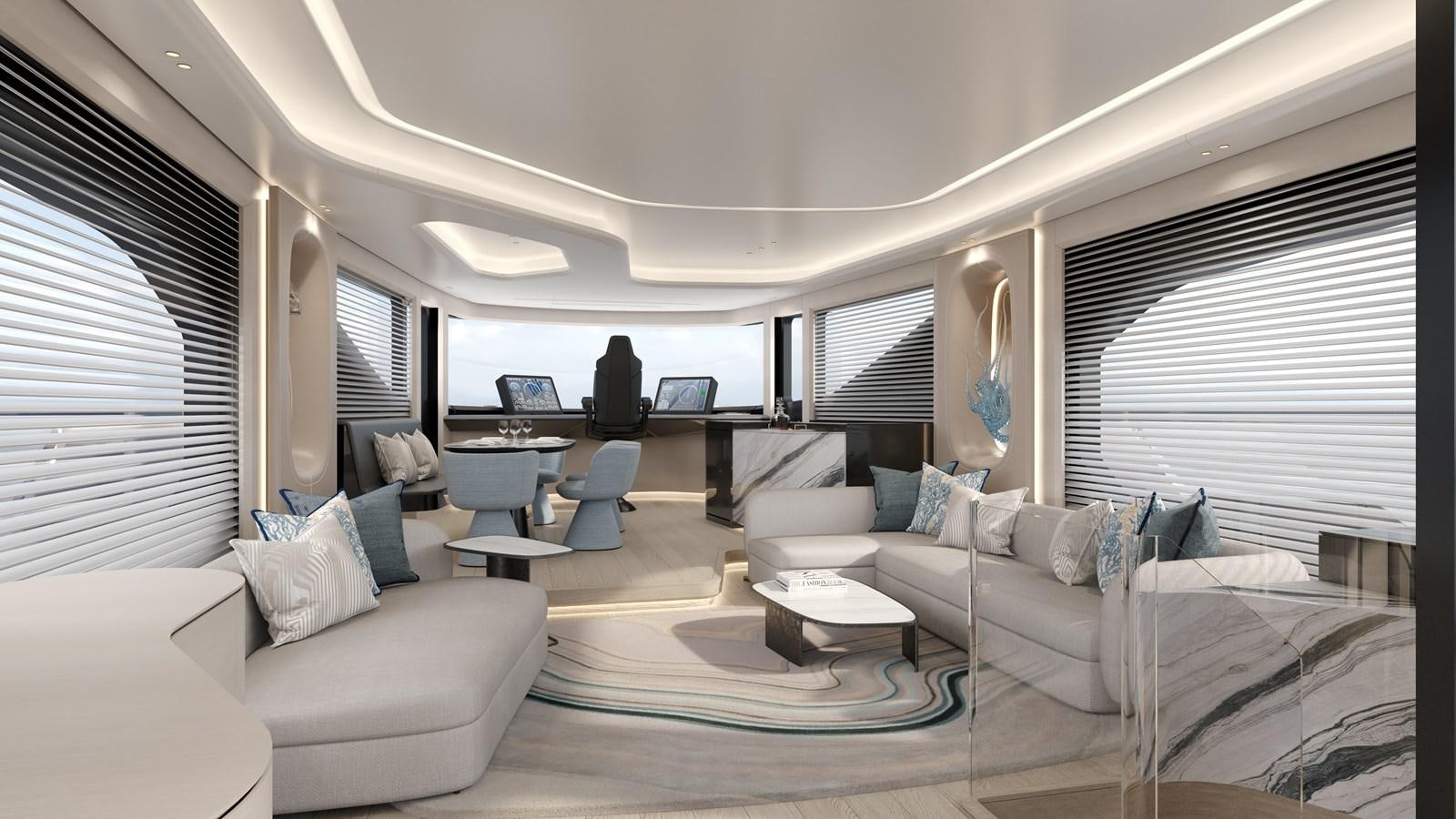 a living room with white furniture aboard ALUNA 87 Yacht for Sale