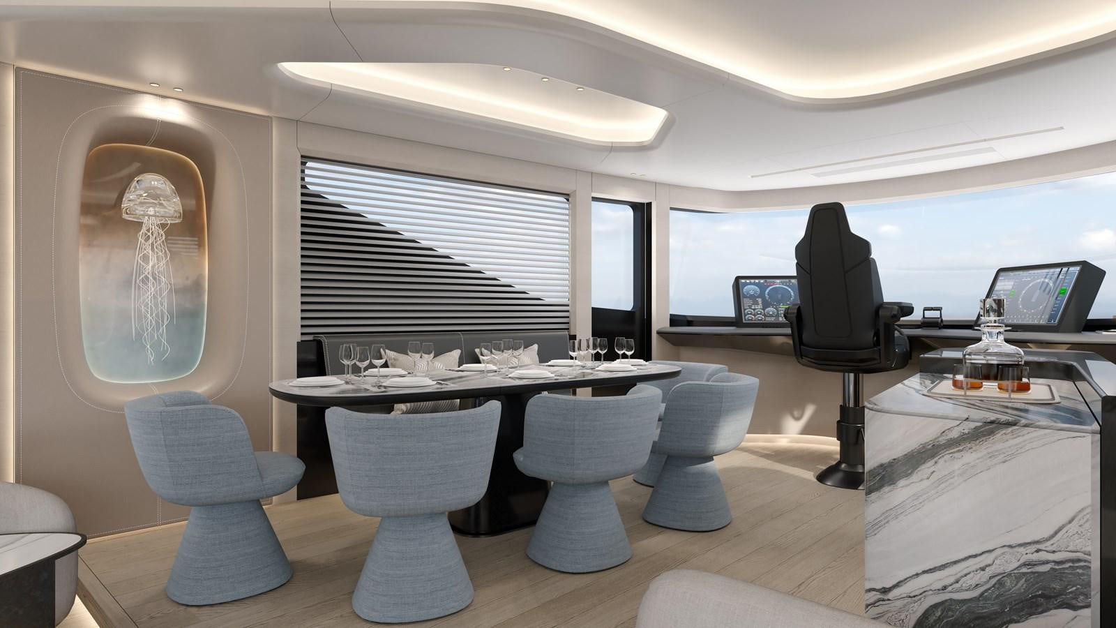 a room with a table and chairs aboard ALUNA 87 Yacht for Sale