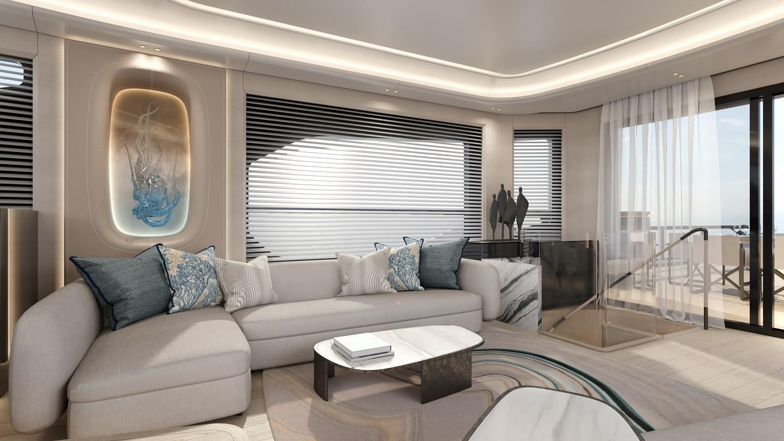 a living room with a large window aboard ALUNA 87 Yacht for Sale