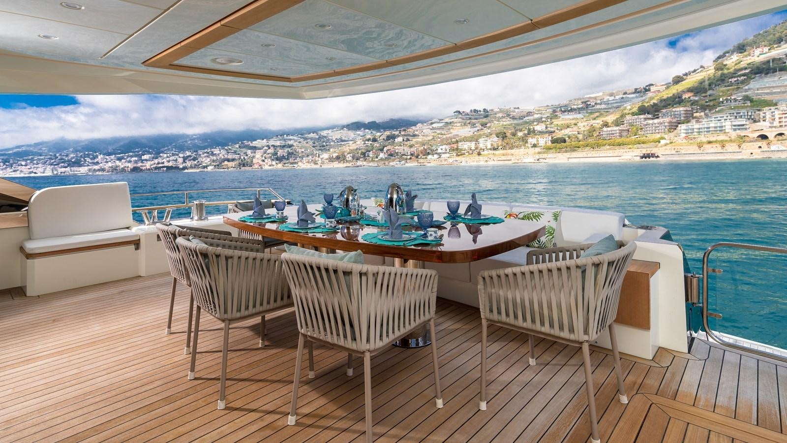 a deck with chairs and a table on it aboard MARENGO UNO Yacht for Sale