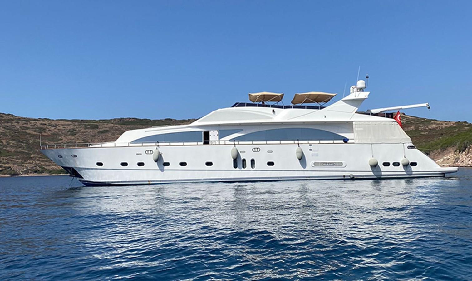 a white yacht on the water aboard AKSER Yacht for Sale