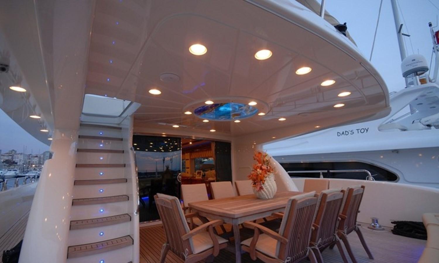 a room with tables and chairs aboard CORAL Yacht for Sale