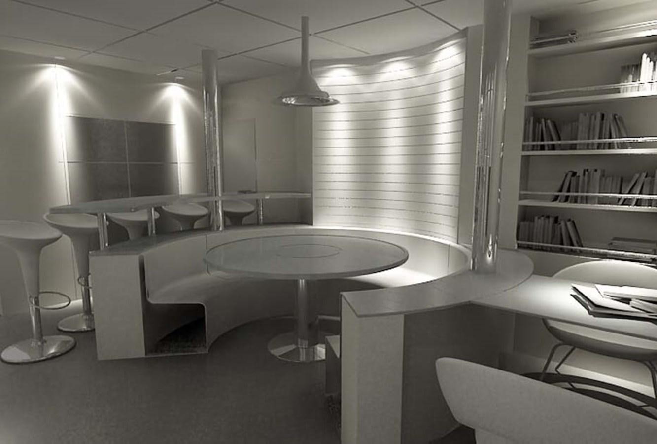 a room with tables and chairs aboard PHEROUSA Yacht for Sale