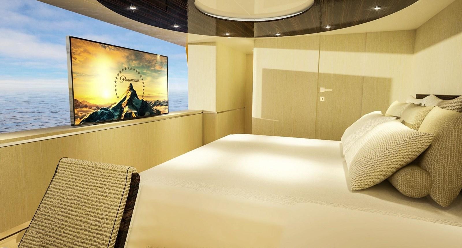 a bed with a picture on the wall aboard CUSTOM Yacht for Sale
