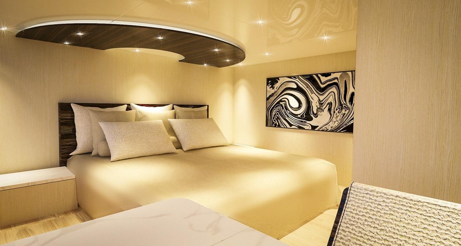 a bed with white sheets aboard CUSTOM Yacht for Sale
