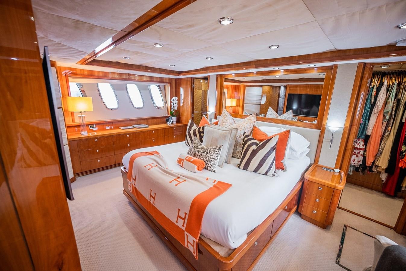 a bed in a room aboard 105 MOTOR Yacht for Sale