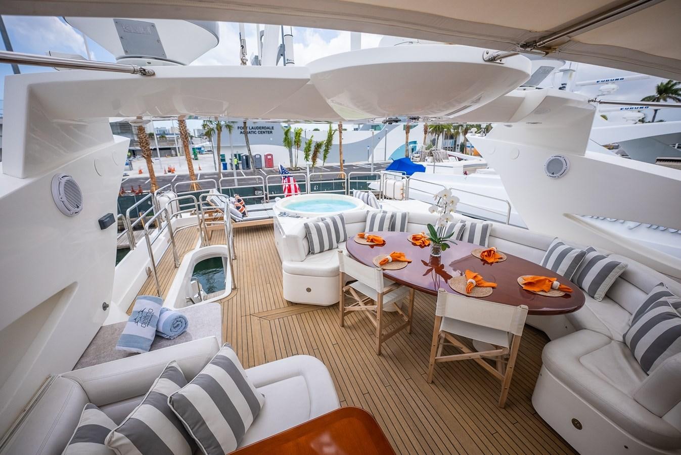 a boat with a table and chairs aboard 105 MOTOR Yacht for Sale