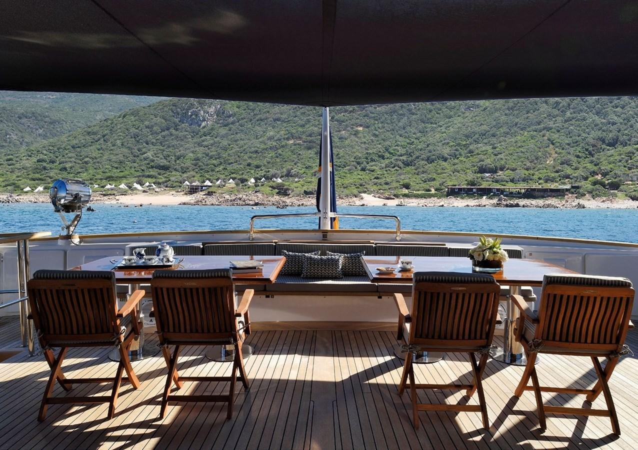 a deck with chairs and a table on it aboard SANOO Yacht for Sale