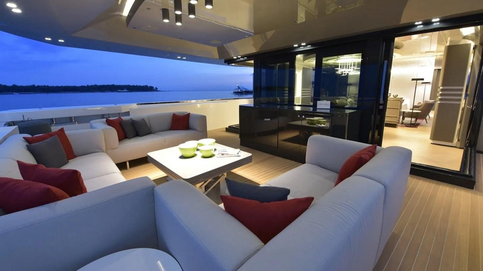 a living room with a large window aboard ARCADIA 100 Yacht for Sale