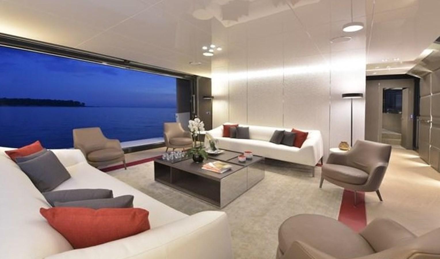 a living room with a large screen aboard ARCADIA 100 Yacht for Sale