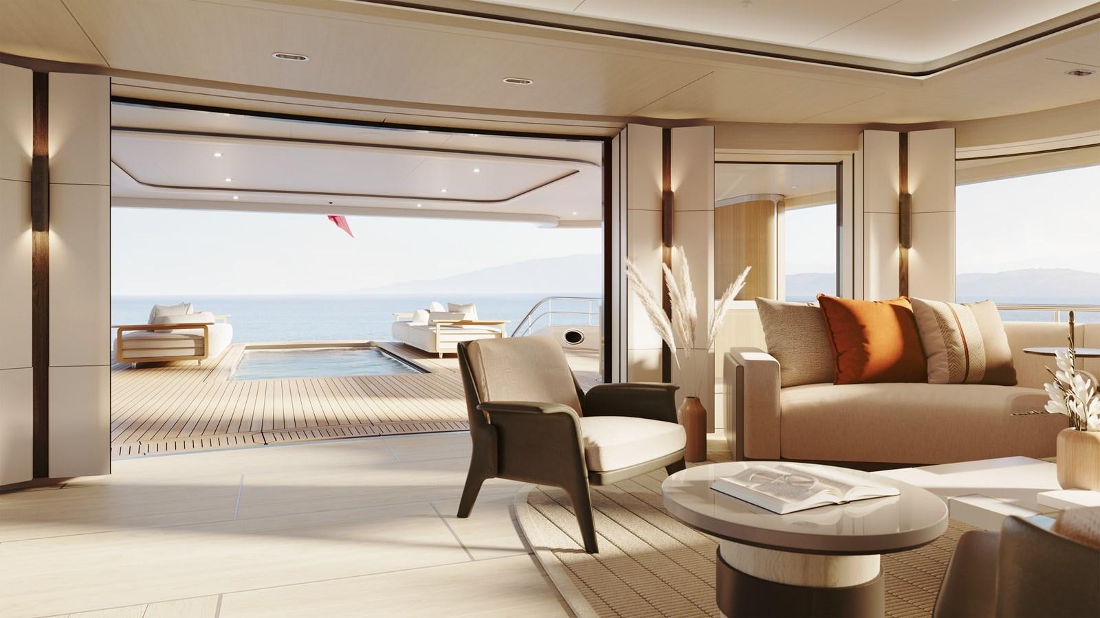a room with a couch and a table and a large window aboard SAKURA Yacht for Sale