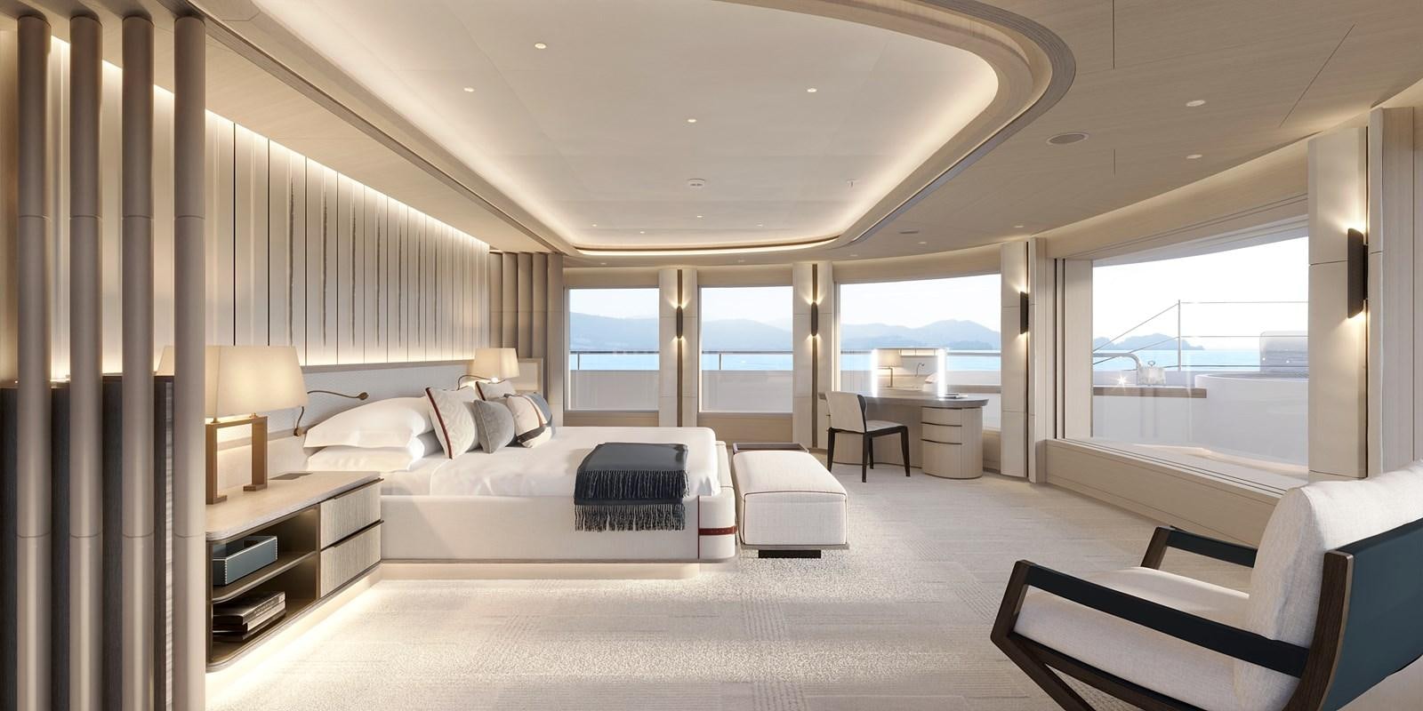 a room with a bed and a window aboard SAKURA Yacht for Sale