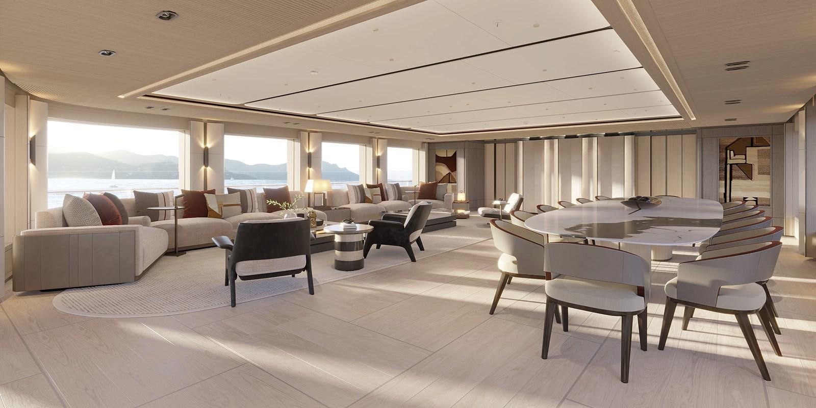 a room with a table chairs and a large window aboard SAKURA Yacht for Sale