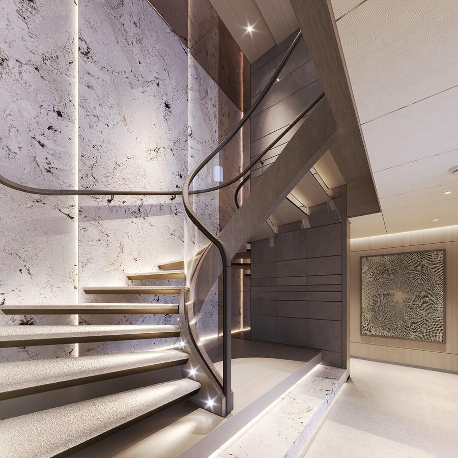 a staircase with a wall of windows aboard SAKURA Yacht for Sale