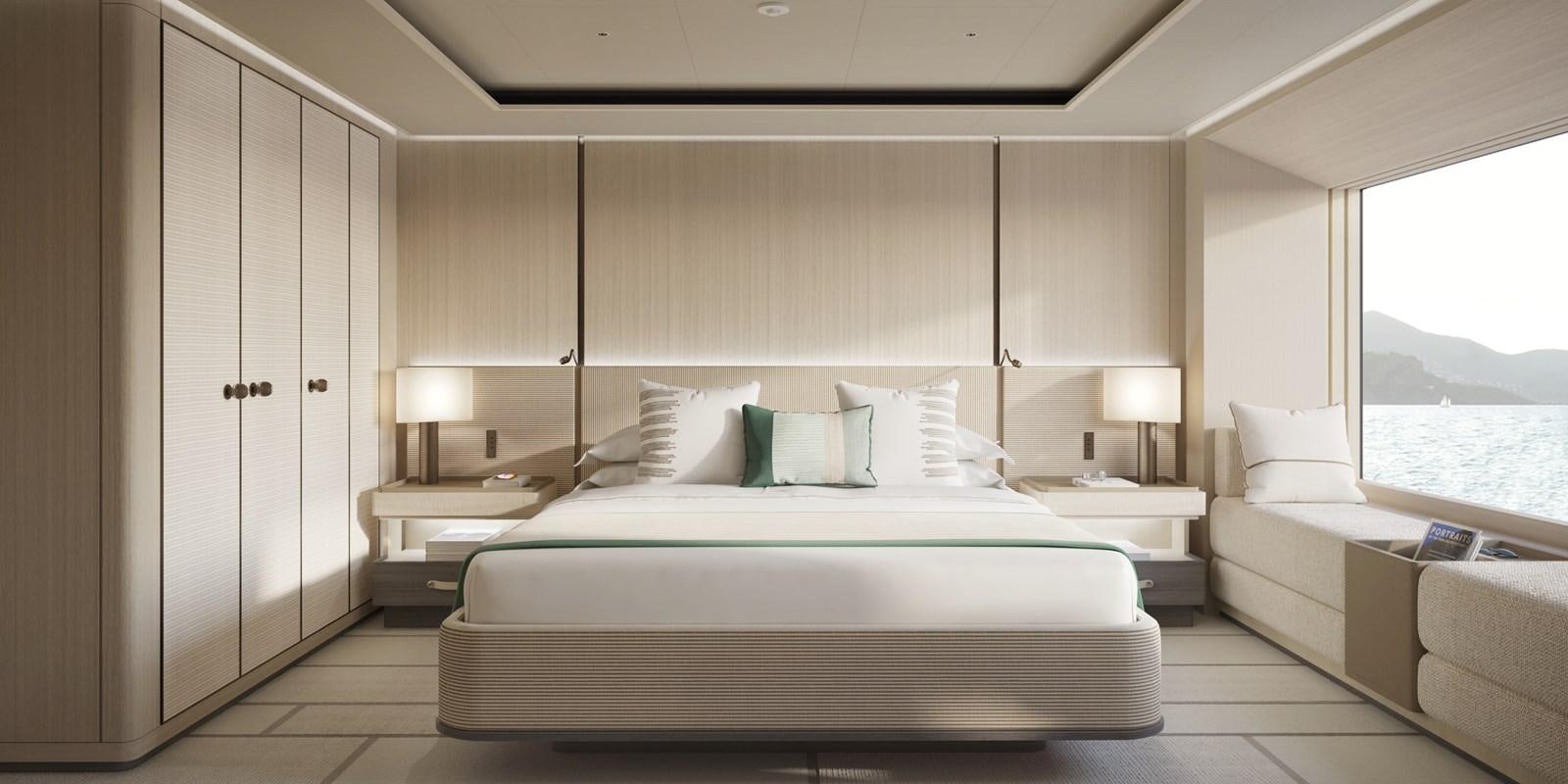 a room with a bed and a window aboard SAKURA Yacht for Sale