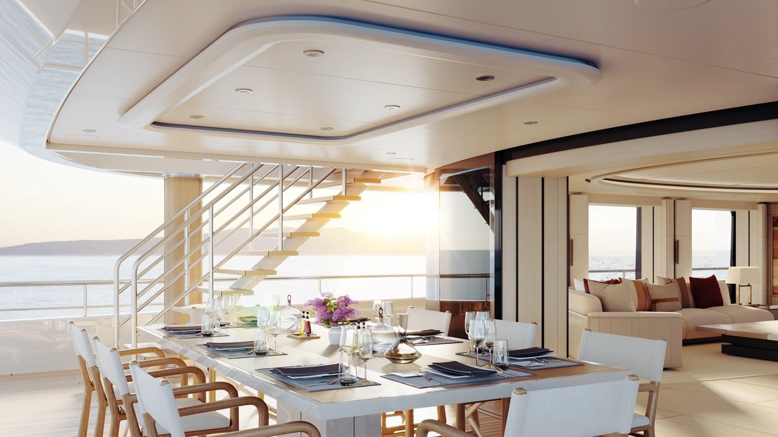 a dining room with a large white table and chairs aboard SAKURA Yacht for Sale