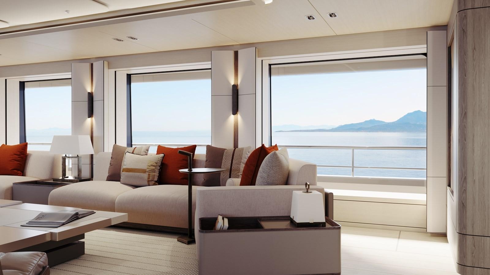 a living room with a large window aboard SAKURA Yacht for Sale