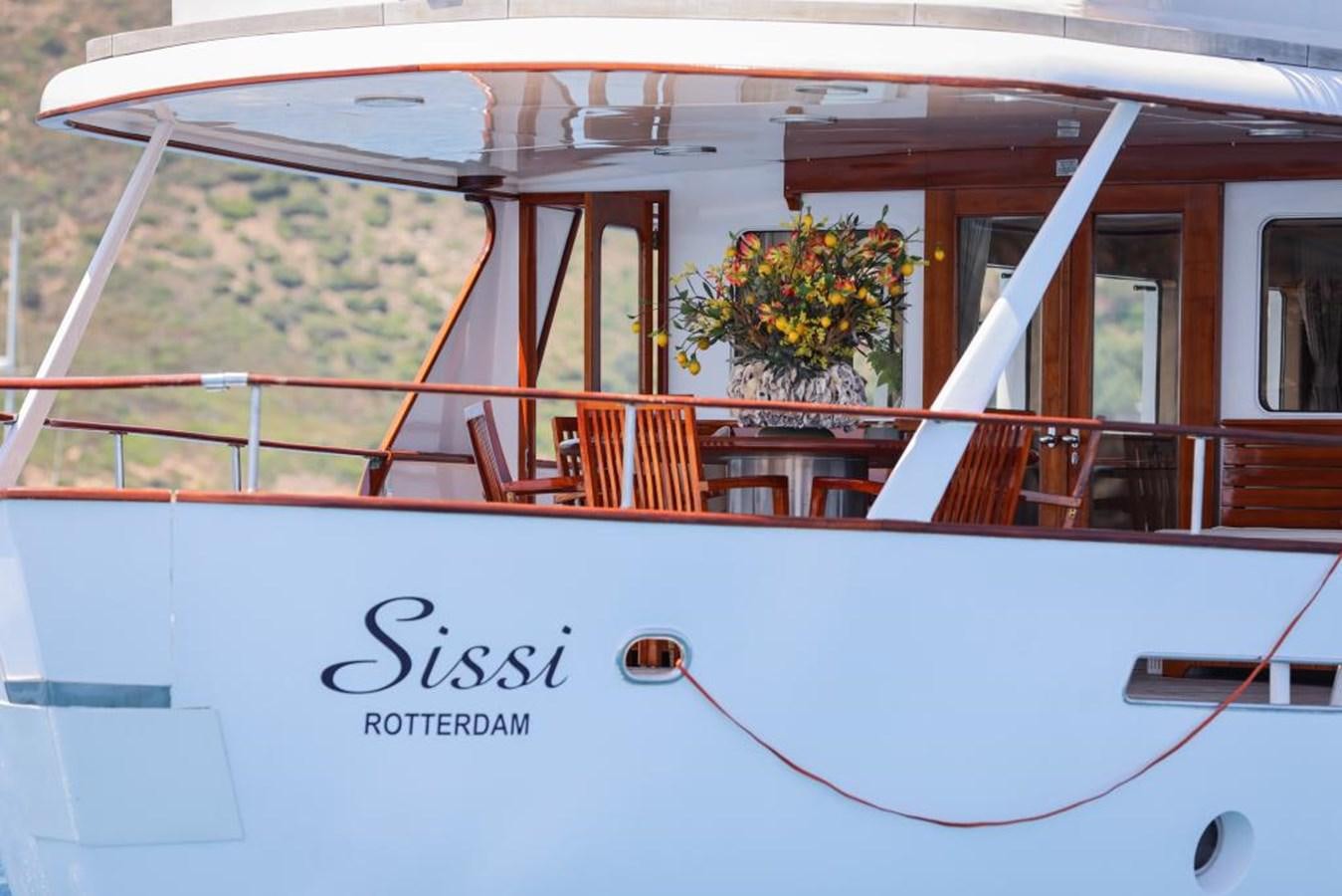 a white boat with a balcony aboard SISSI Yacht for Sale