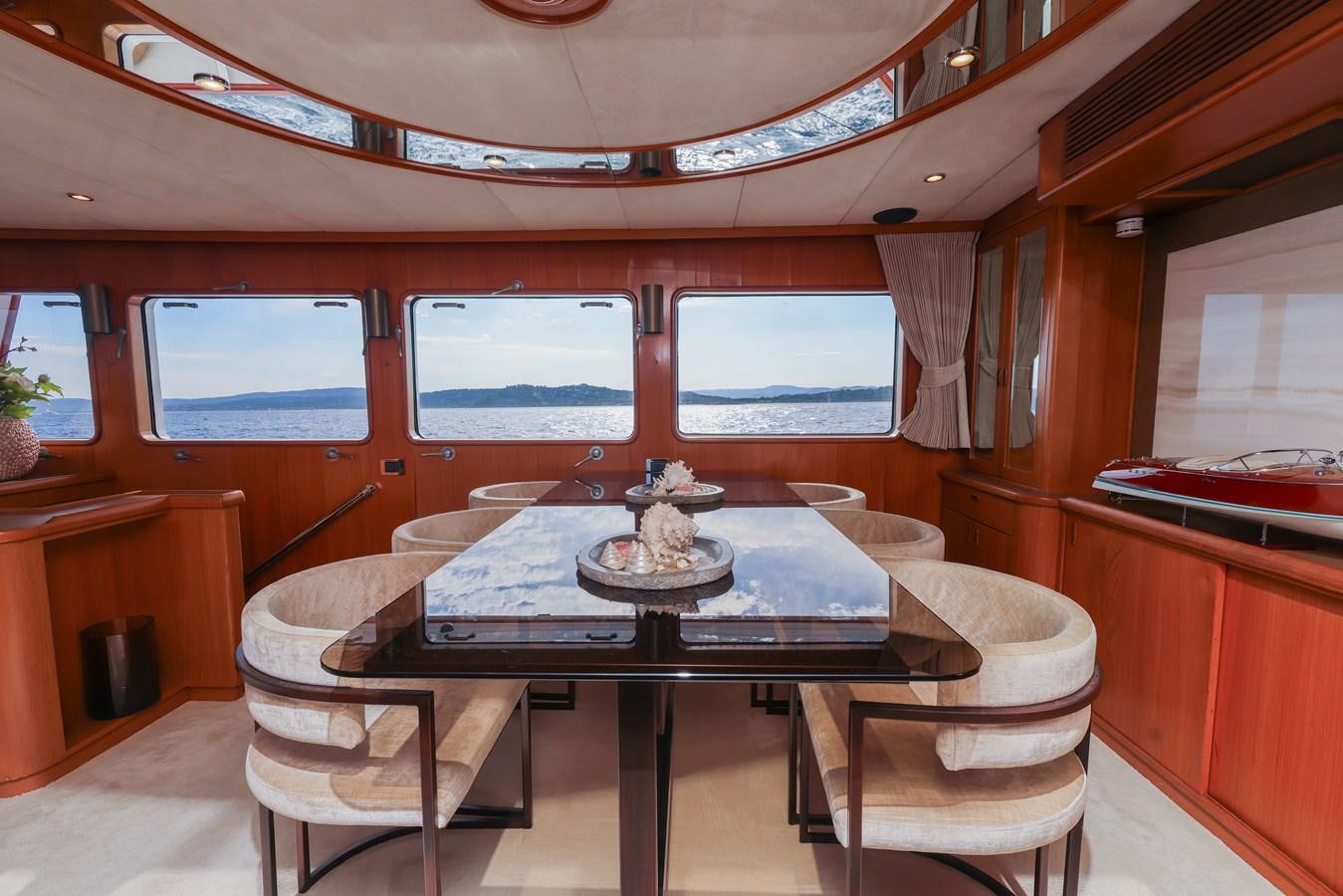 a dining table in a train car aboard SISSI Yacht for Sale