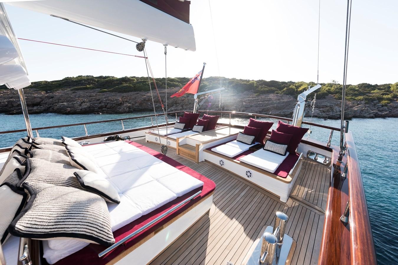a boat with a deck and chairs on it aboard THAT'S AMORE Yacht for Sale