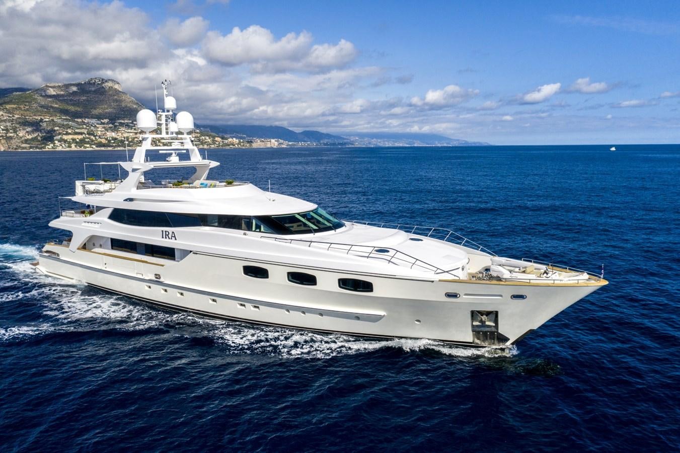 a white yacht in the water aboard TIAMAT Yacht for Sale