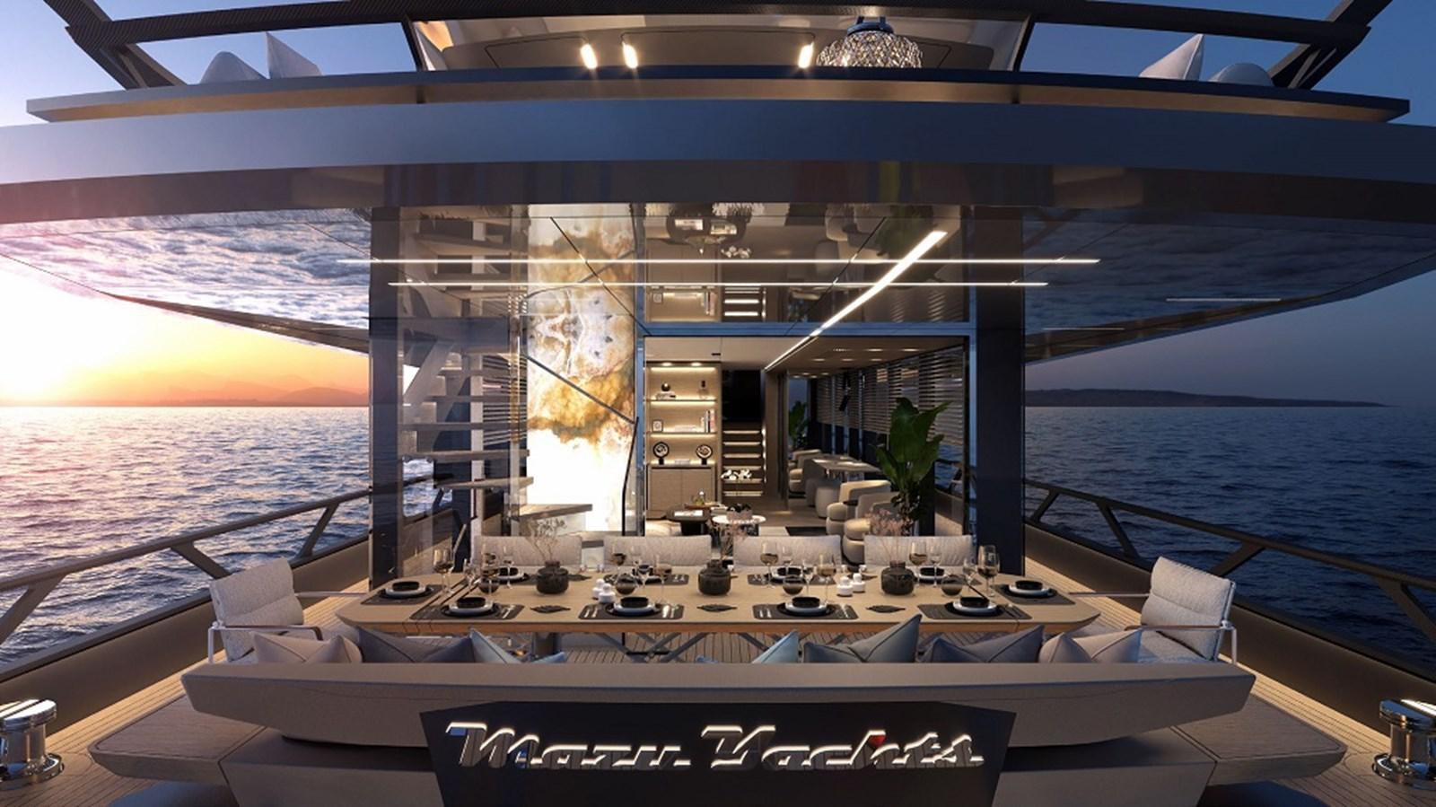 a room with a table and chairs aboard 112DS MAZU Yacht for Sale