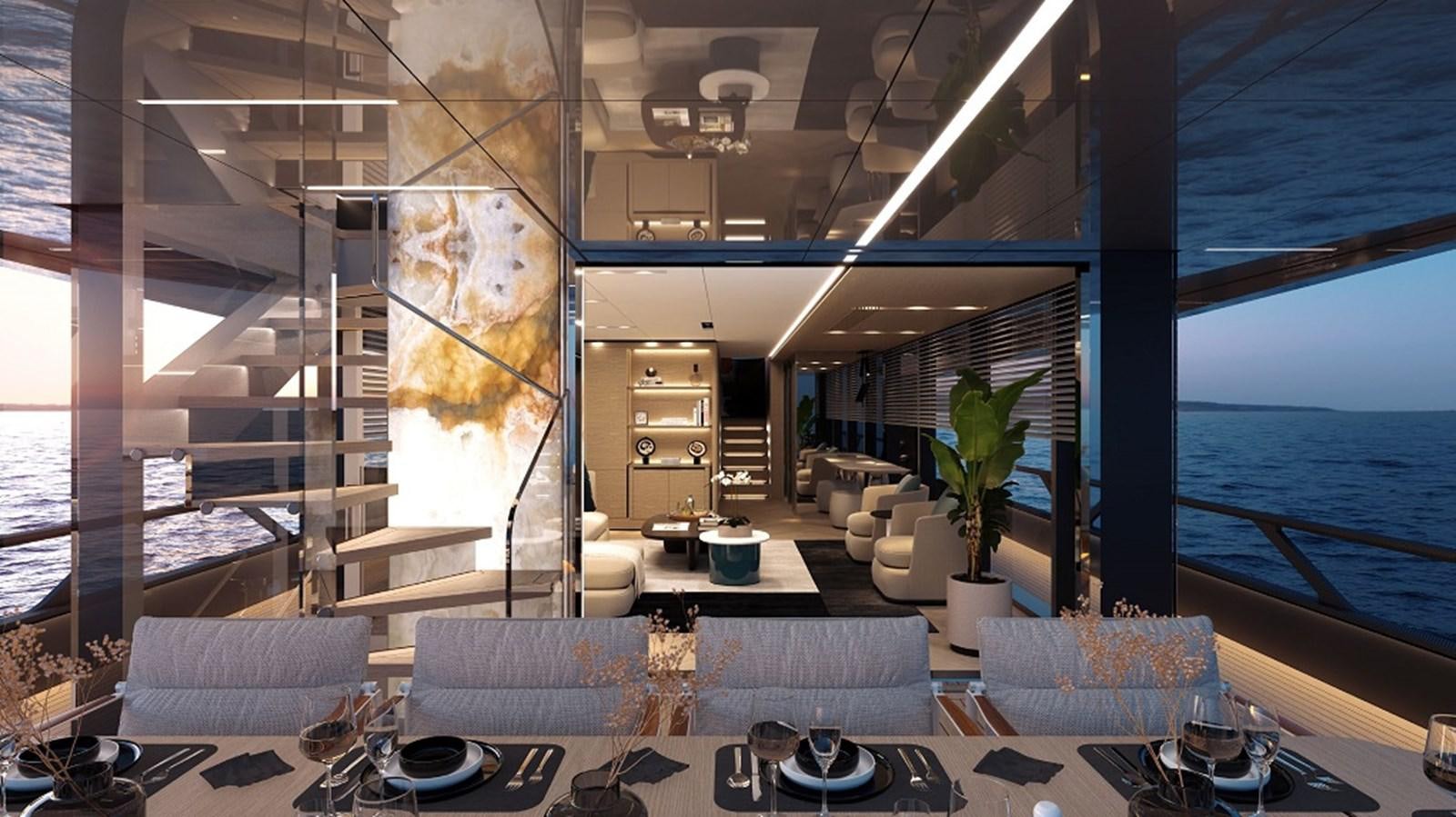 a room with a large window and a table with chairs and plants aboard 112DS MAZU Yacht for Sale