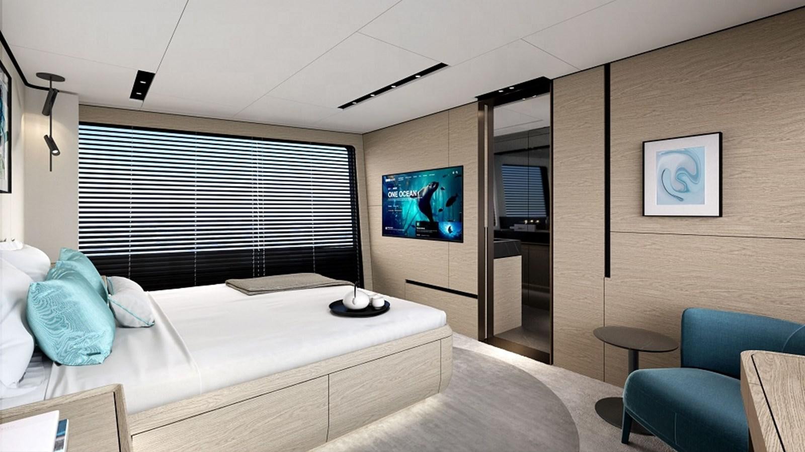 a bedroom with a bed and a tv aboard 112DS MAZU Yacht for Sale