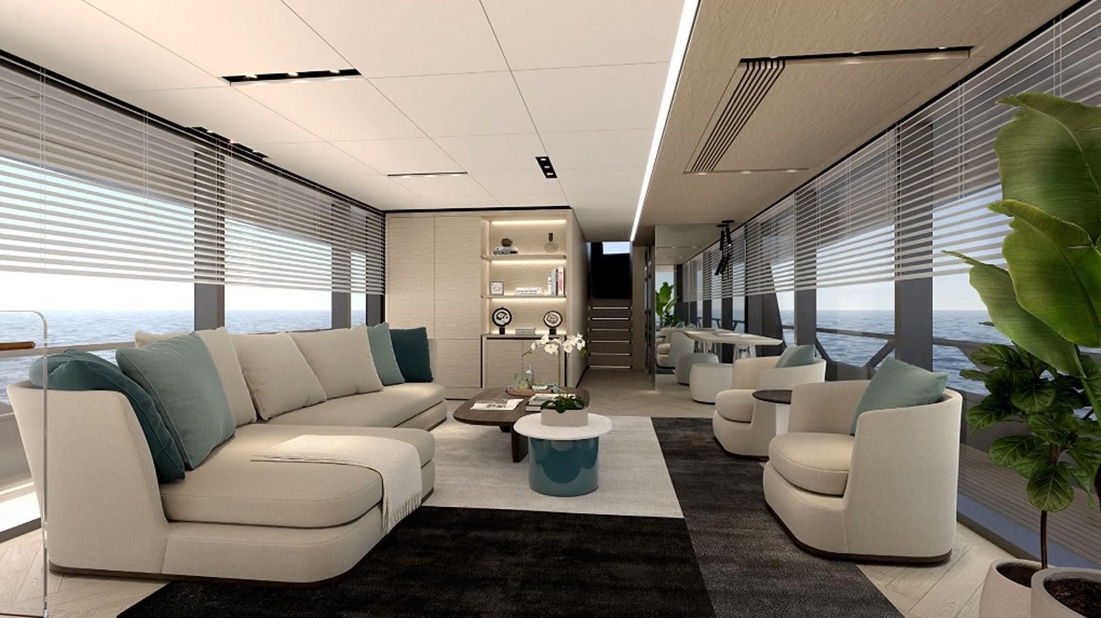 a living room with white furniture aboard 112DS MAZU Yacht for Sale