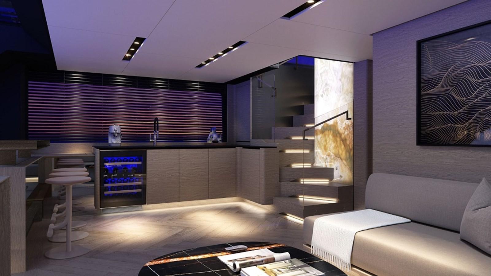 a room with a couch and a table and a tv aboard 112DS MAZU Yacht for Sale