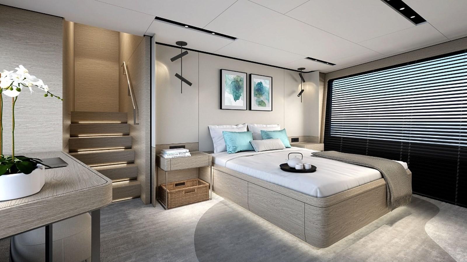 a modern bedroom with a large bed aboard 112DS MAZU Yacht for Sale